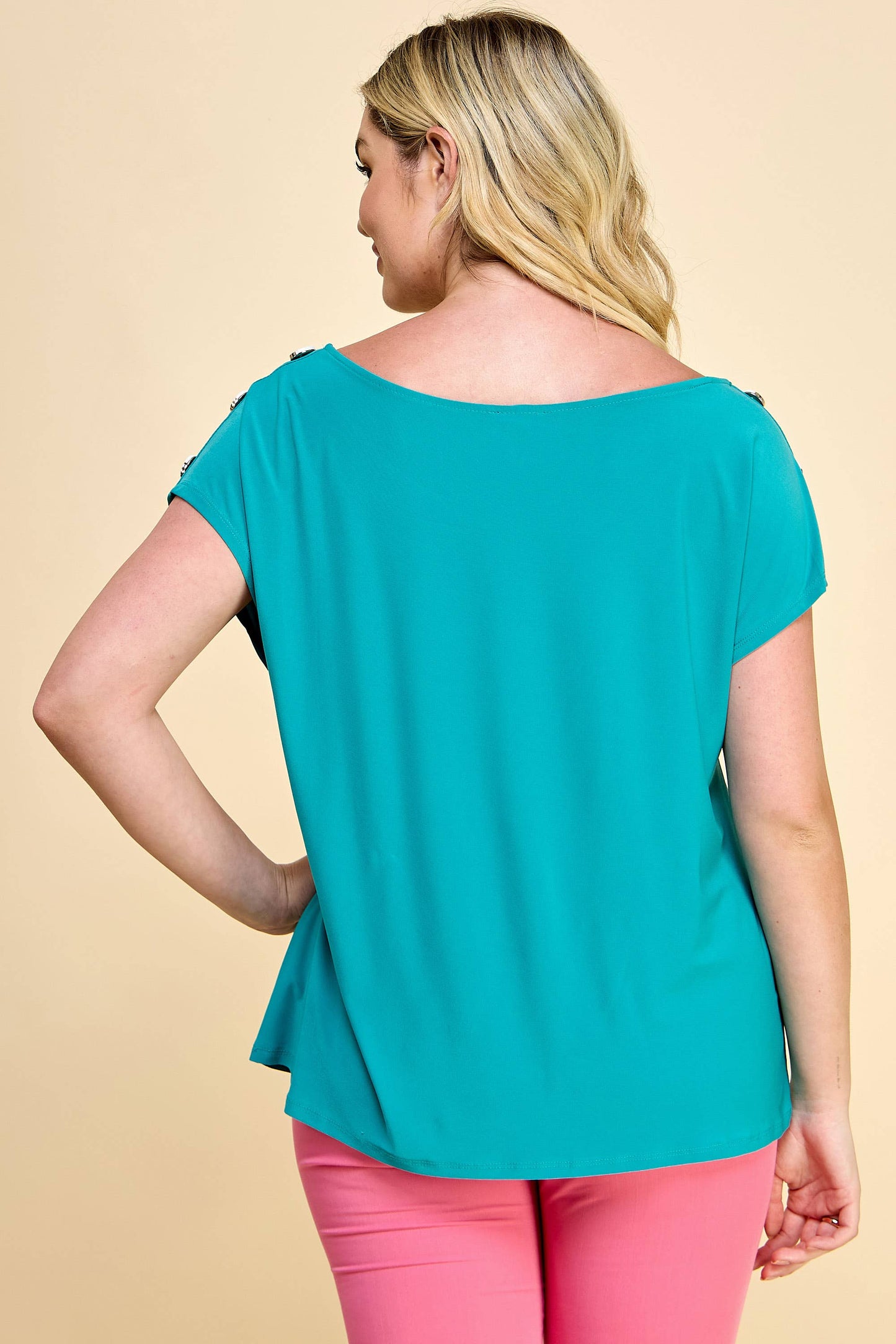 Curvy Short Sleeve Top with Shoulder Buttons