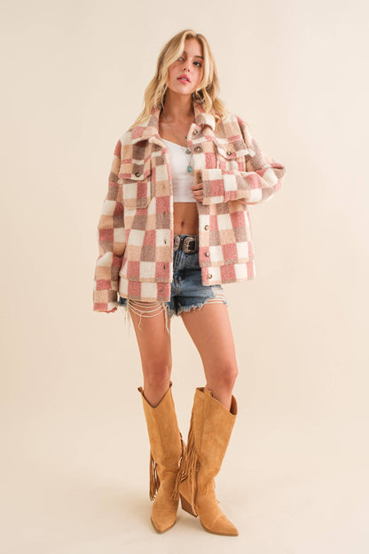 Checkered Teddy Chest Pocket Oversized Jacket