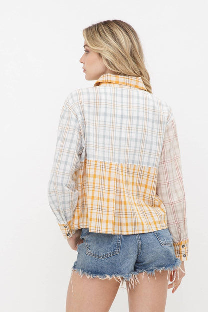 Mix Plaid Pocket Front Button Up Crop Shirt - Southern Sassy Boutique