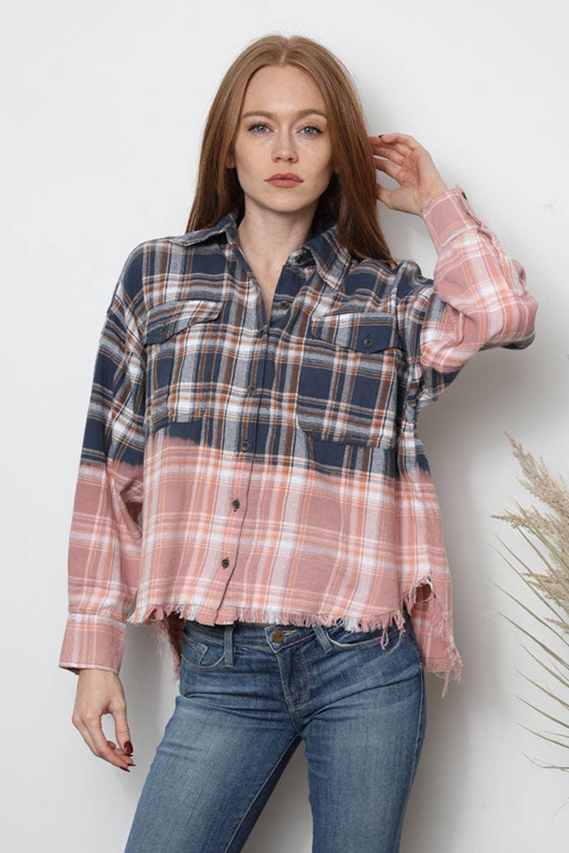 PLAID BLEACH OMBRE DIP DYE BUTTON FRONT SHIRT - Southern Sassy Boutique