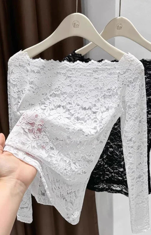 Off the shoulder Sheer Mesh Floral Lace Layering fitted Top - Southern Sassy Boutique