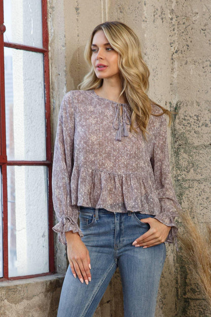 Chiffon Clip Dot Jacquard Peplum Tie Front Blouse - Southern Sassy Boutique