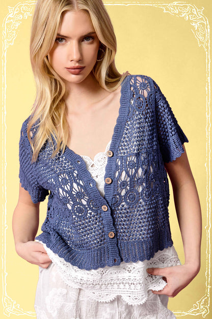 Open Knit Scallop Edge Button Down Cardigan