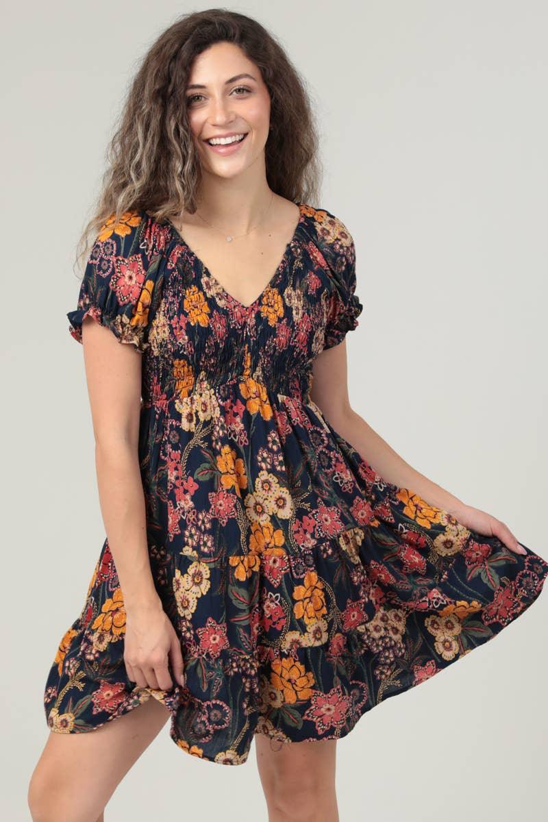 V NECK SMOCKED BODICE SHORT SLEEVE DRESS - Southern Sassy Boutique