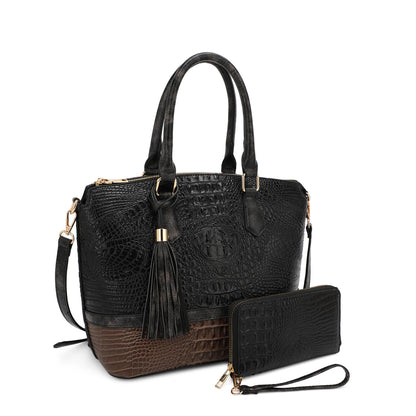 Veronica Croc Embossed Two-Tone Tote w/ Wallet