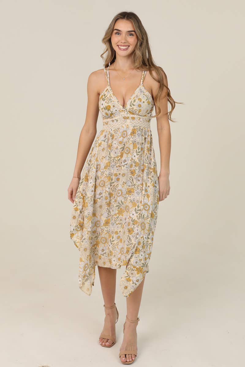 Boho Daisy Print Lace Trim Hanky Midi Dress