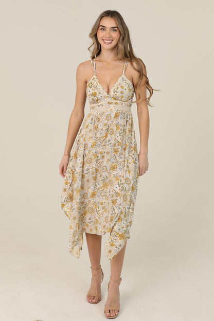 Boho Daisy Print Lace Trim Hanky Midi Dress