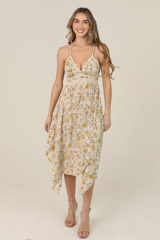 Boho Daisy Print Lace Trim Hanky Midi Dress