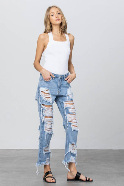 High Rise Heavy Destroyed Frayed Hem Straight Jeans