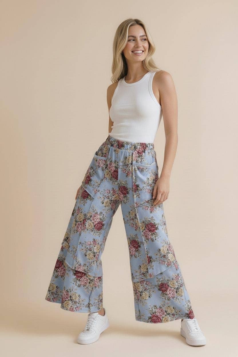 Elastic Waist Wide Leg Vintage Floral Pant