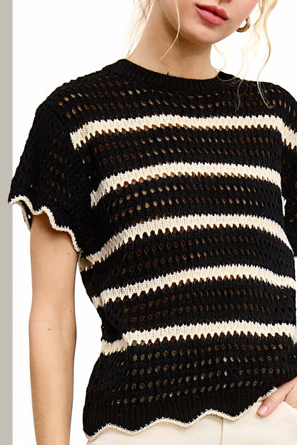 Round Neck Scalloped Edge Short Sleeve Sweater - Southern Sassy Boutique