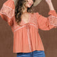 Eyelet Lace Tie Front V-Neck Long Puff Blouse Top