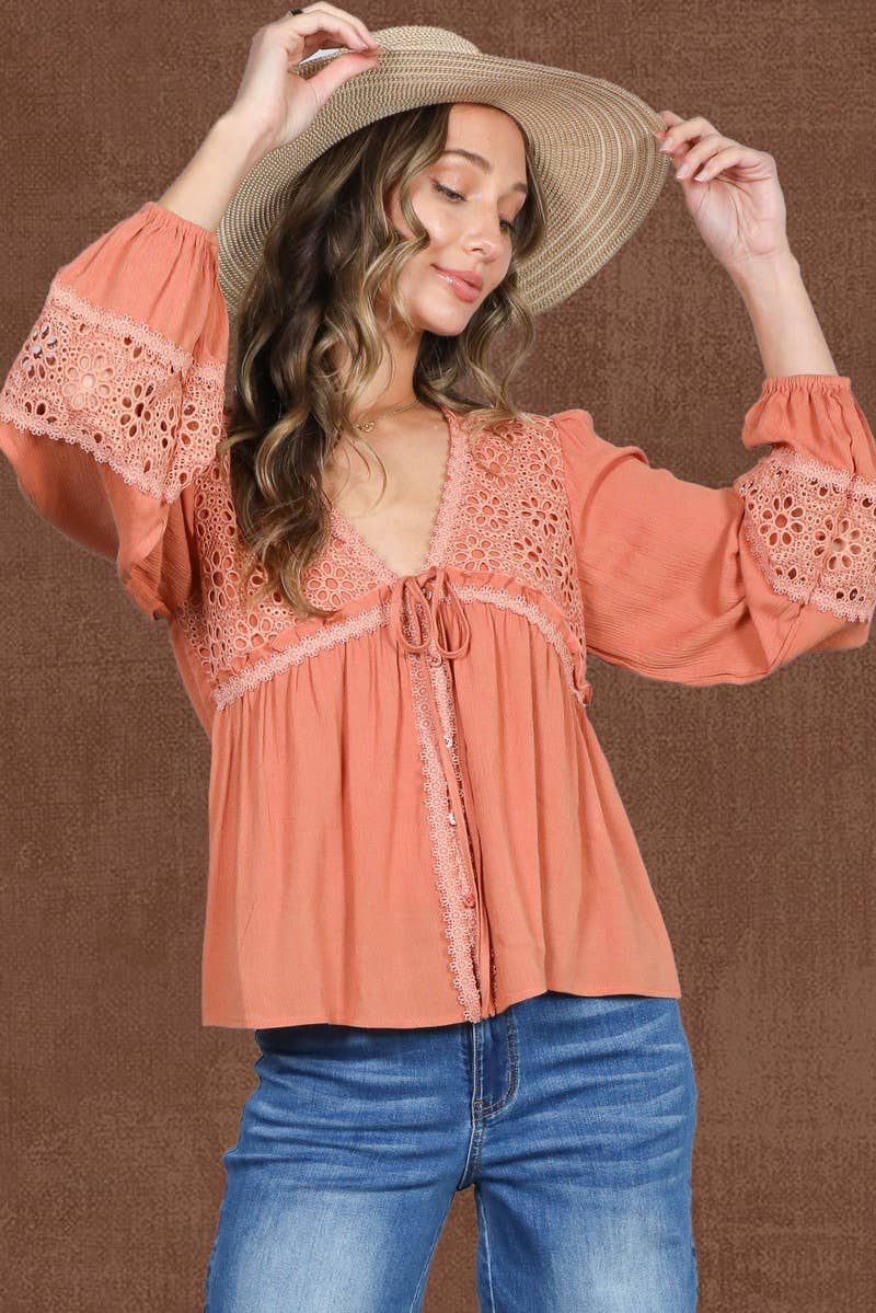 Eyelet Lace Tie Front V-Neck Long Puff Blouse Top
