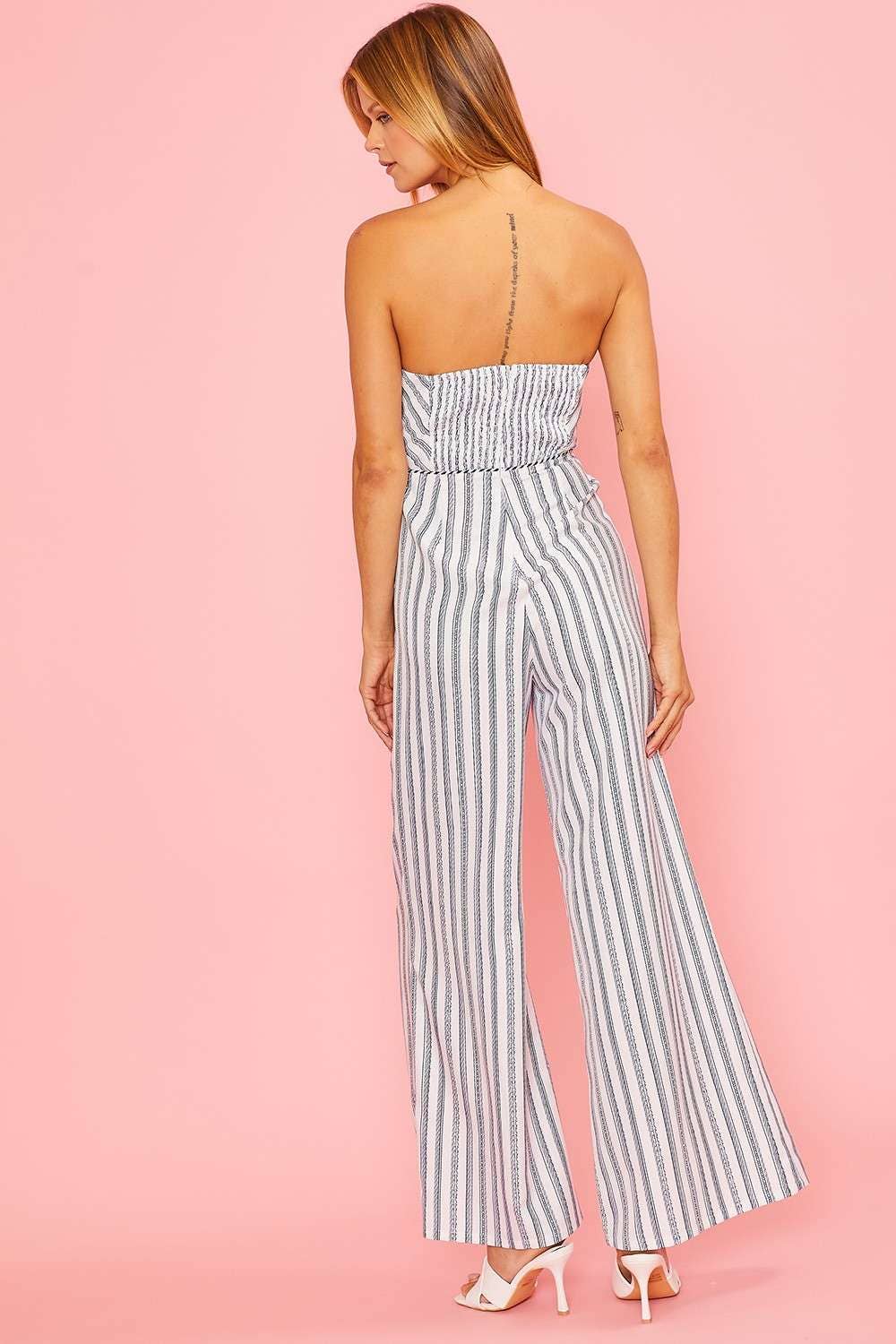 Strapless Front Cross Tie Stripe Jumpsuit