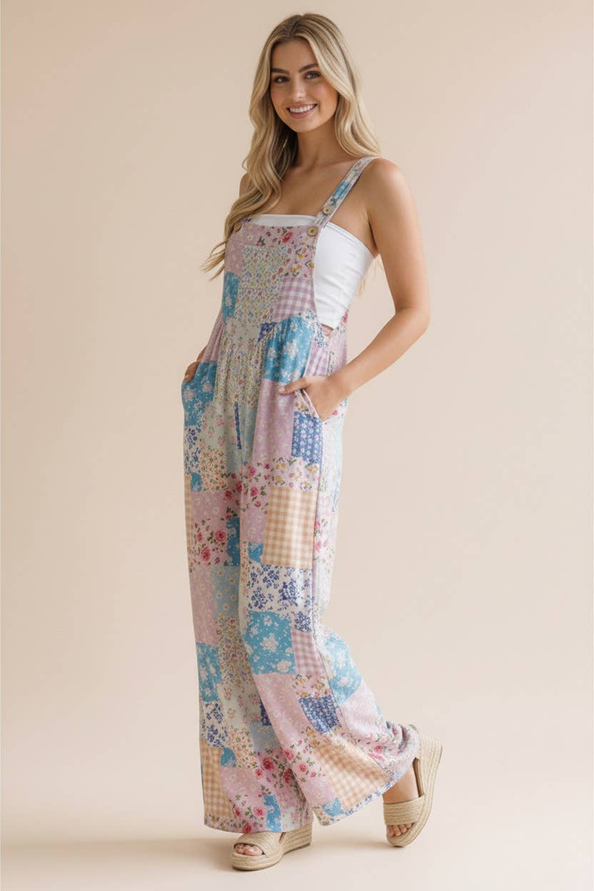 Floral Patchwork Wide Leg Bib Overalls