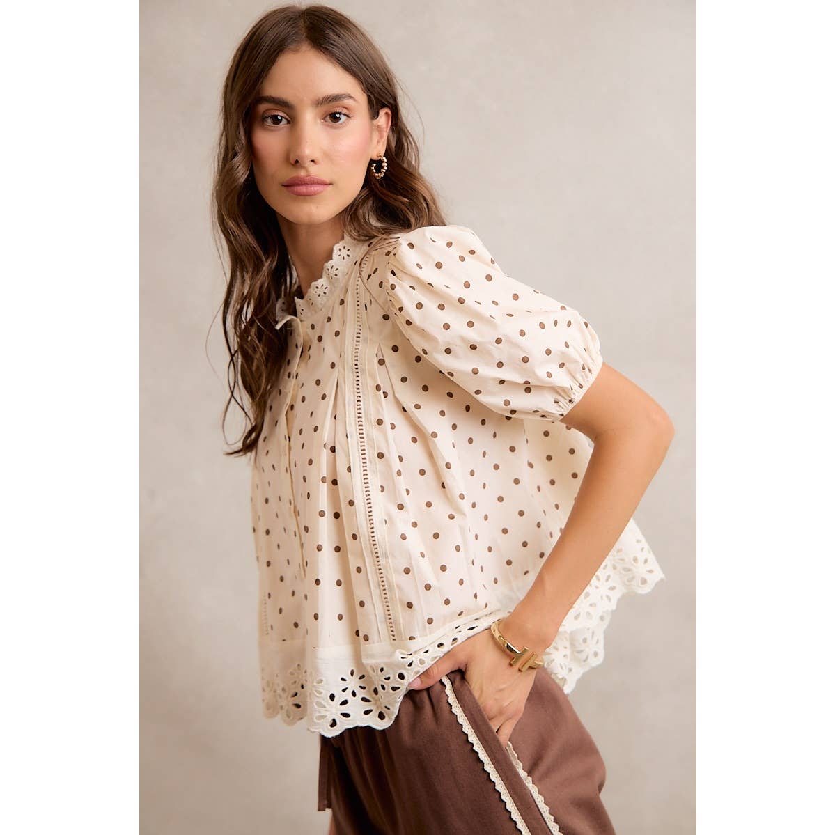 Polka Dot Cotton Lace Trim Blouse