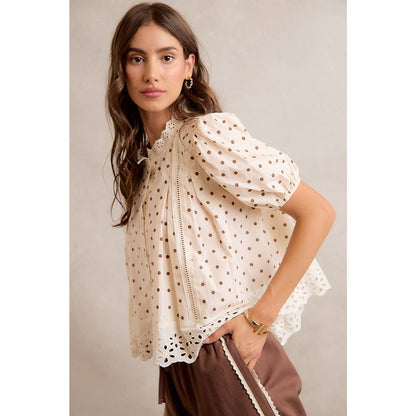 Polka Dot Cotton Lace Trim Blouse