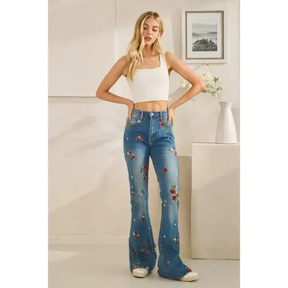 Washed Strawberry Embroidered Denim Pants - Southern Sassy Boutique