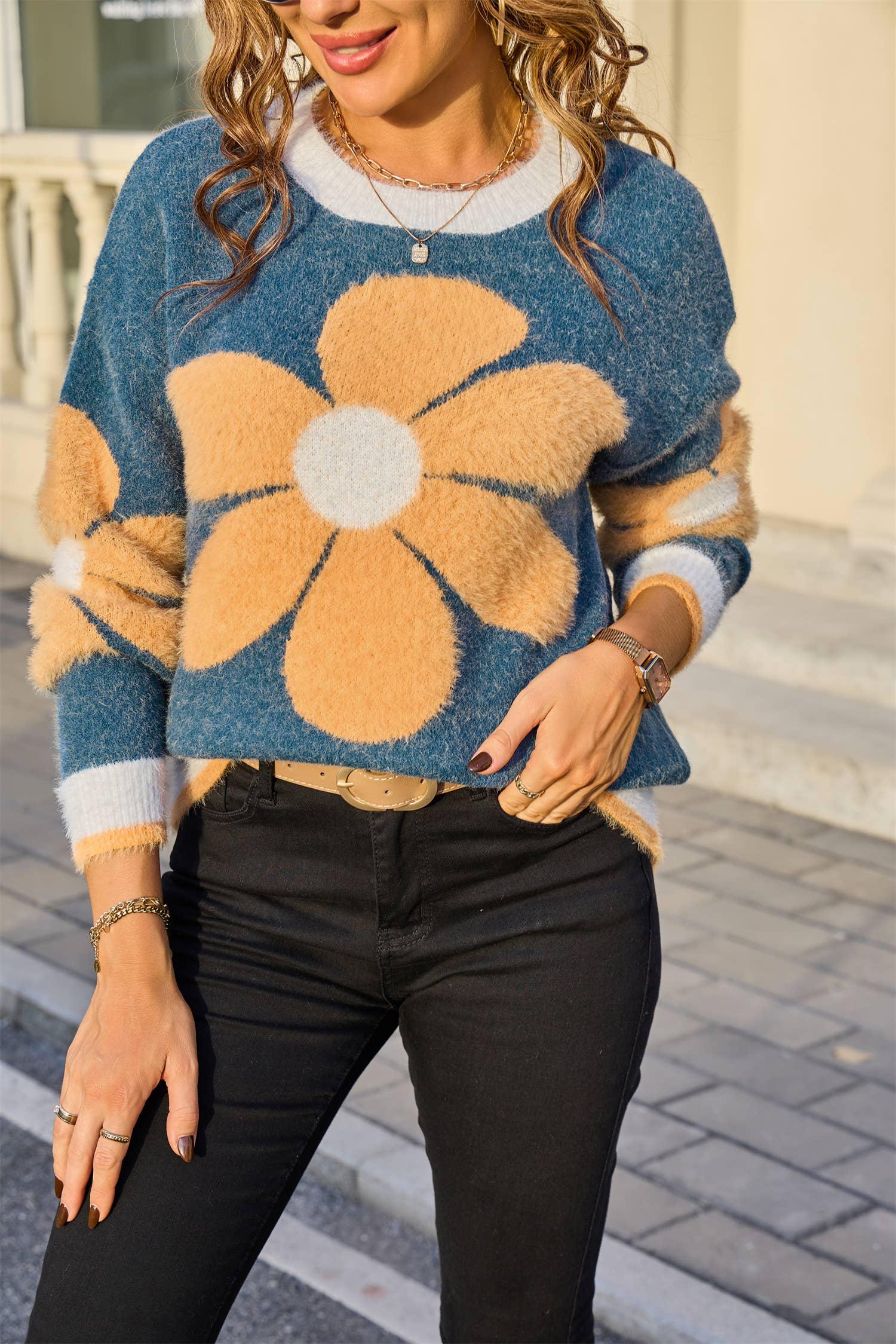 Fuzzy Flower Knit Sweater SZ53-SW9371 - Southern Sassy Boutique