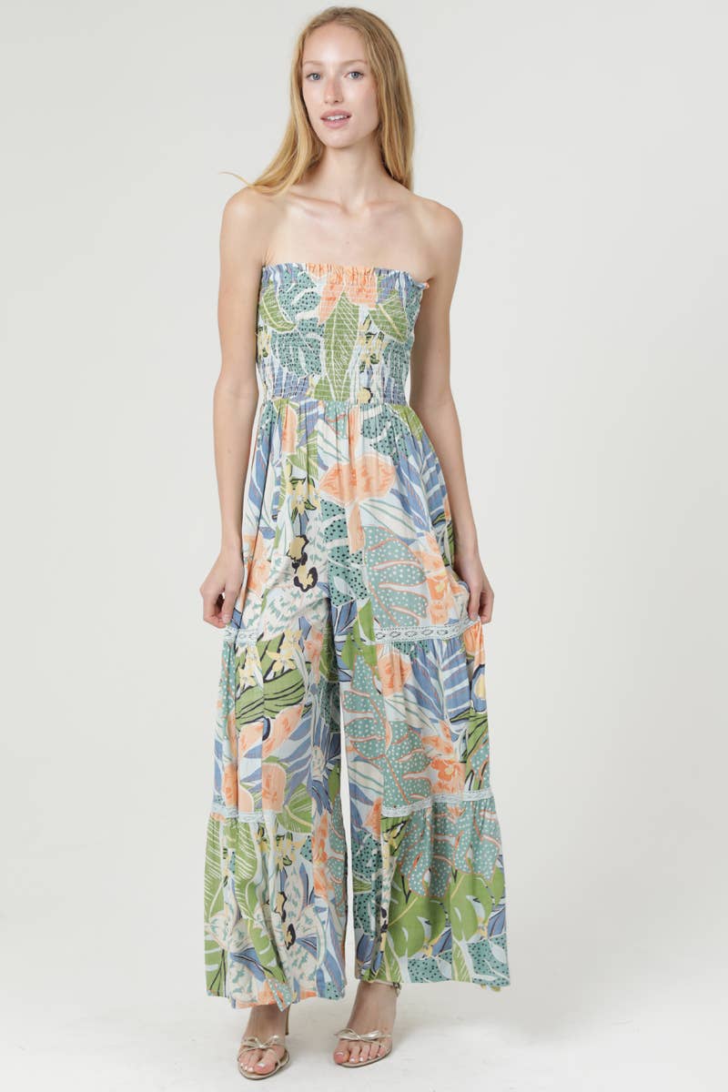 Smocked strapless wide-leg jumpsuit