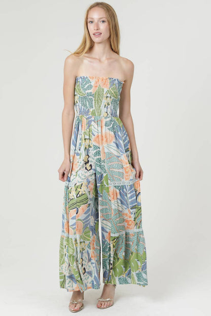 Smocked strapless wide-leg jumpsuit