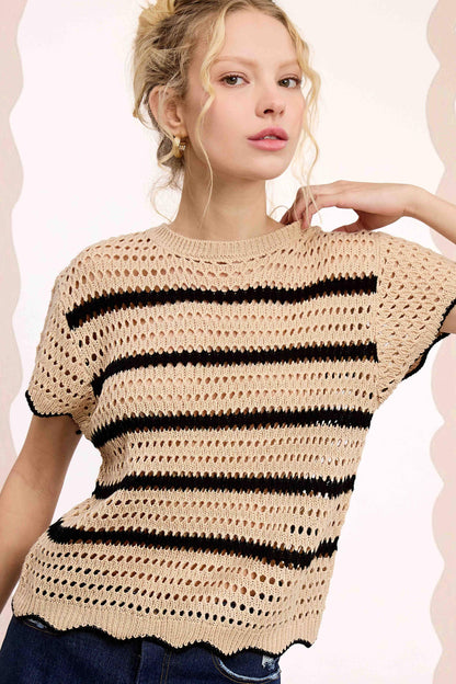 Round Neck Scalloped Edge Short Sleeve Sweater - Southern Sassy Boutique