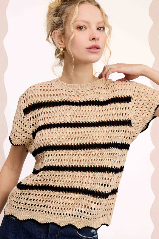 Round Neck Scalloped Edge Short Sleeve Sweater