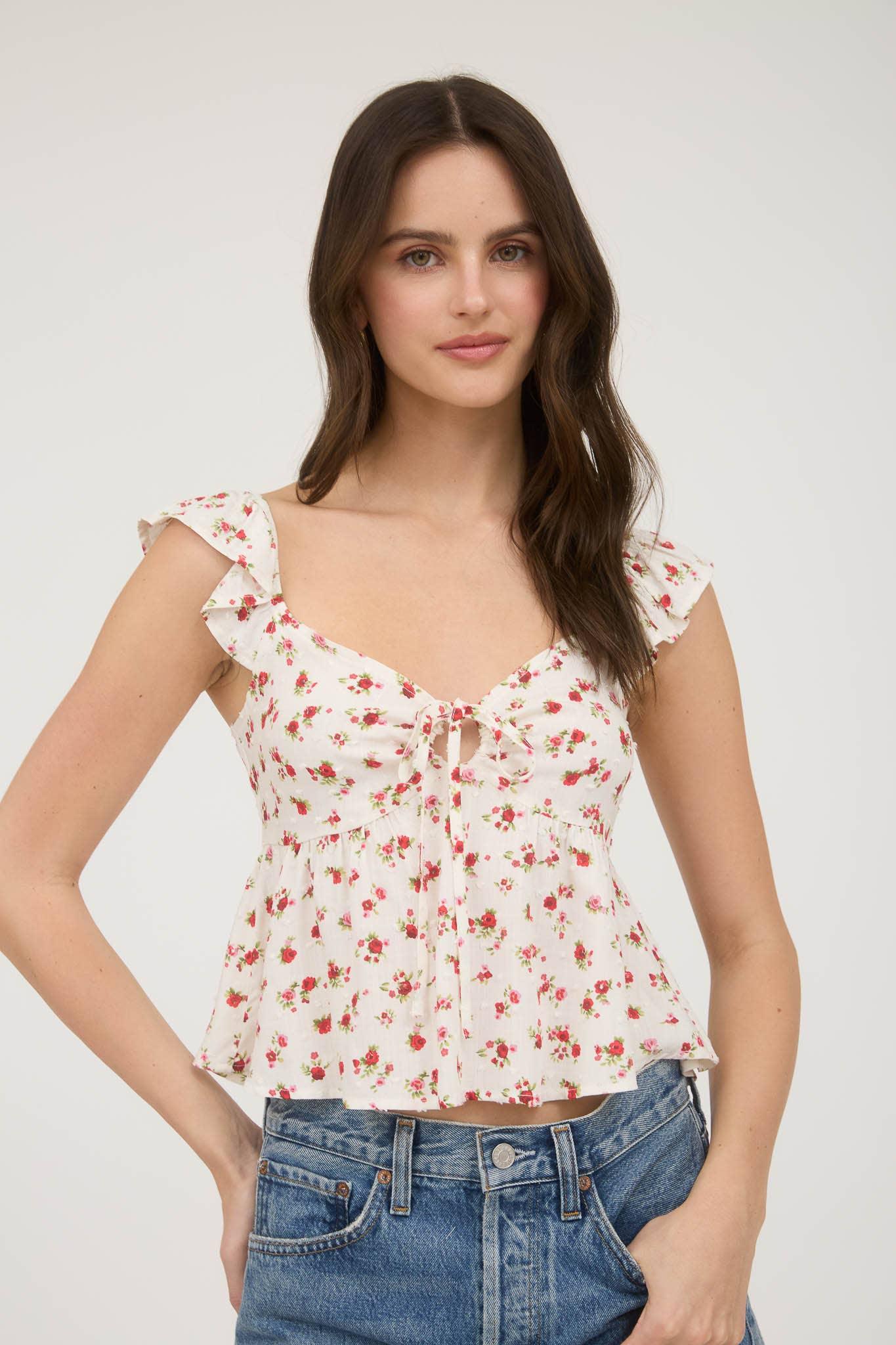 FLORAL CLIP DOT FRONT TIE WITH CUT-OUT CROP TOP - Southern Sassy Boutique