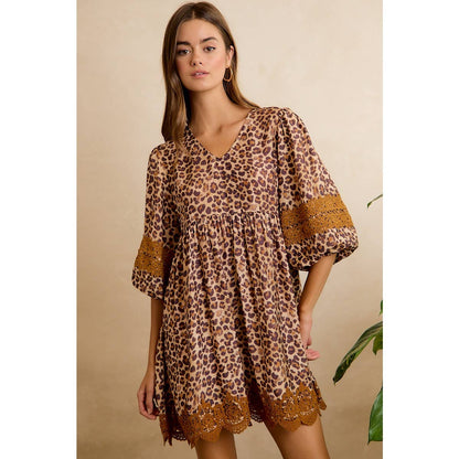 Leopard V-Neck Dress with Lace Trim