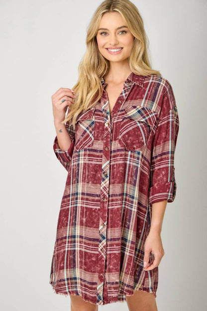 Washed Plaid Shirt Dress - Southern Sassy Boutique