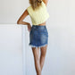 High Rise Stretch Frayed Hem Mini Denim Skirt