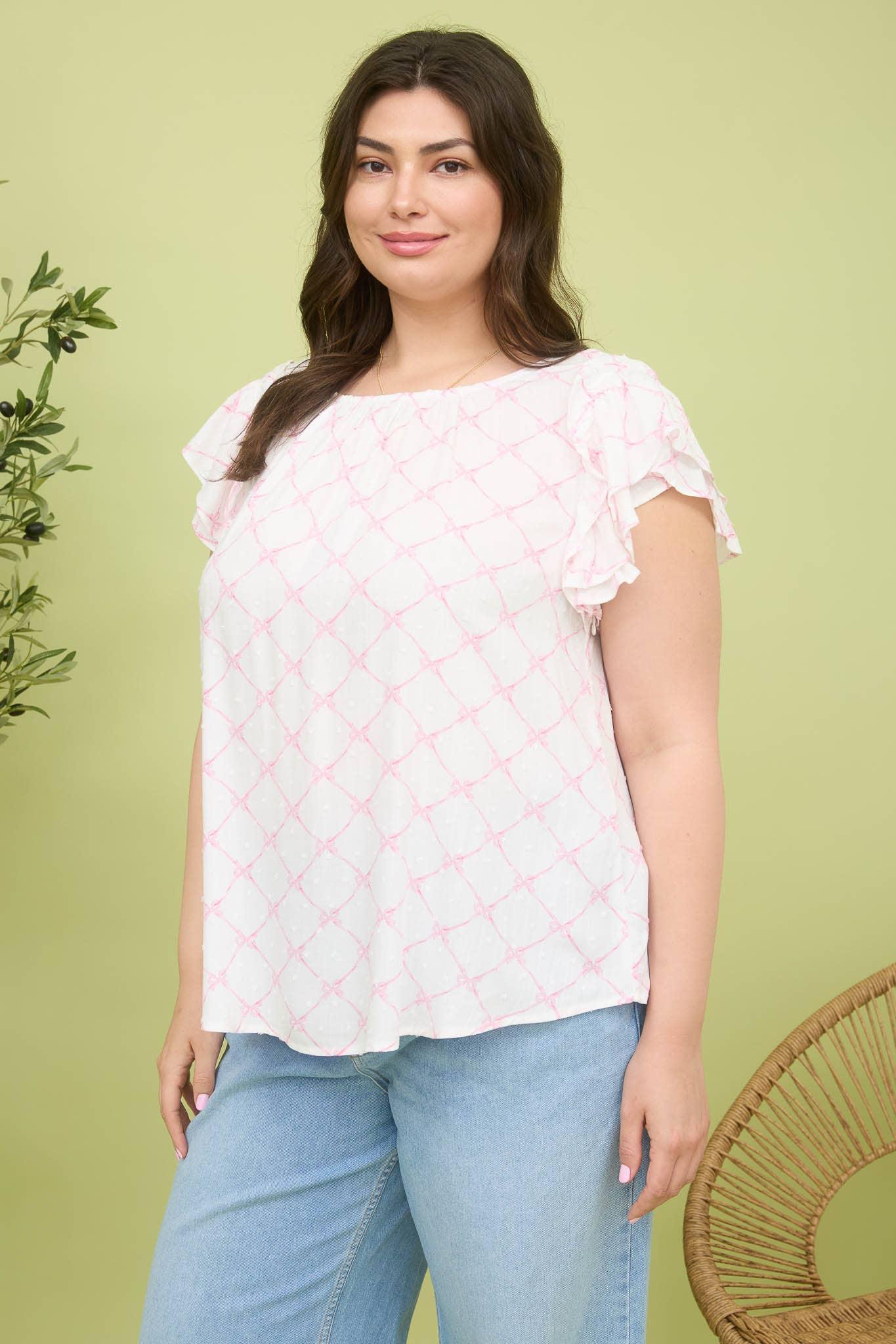 BOW CLIP DOT PATTERN RUFFLE SLEEVE BLOUSE - Southern Sassy Boutique