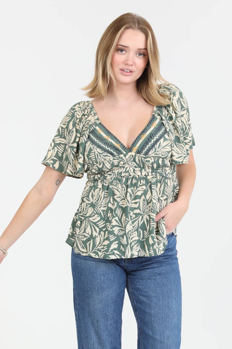 Strappy V Neck Top with Puff Sleeves