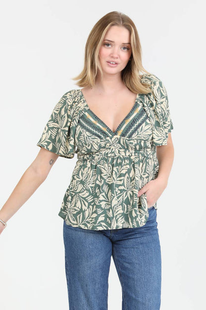 Strappy V Neck Top with Puff Sleeves