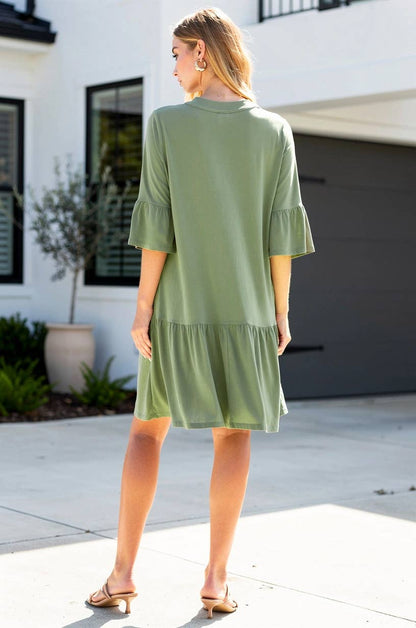 Shirred Tiered Relaxed 3/4 Sleeve Dress