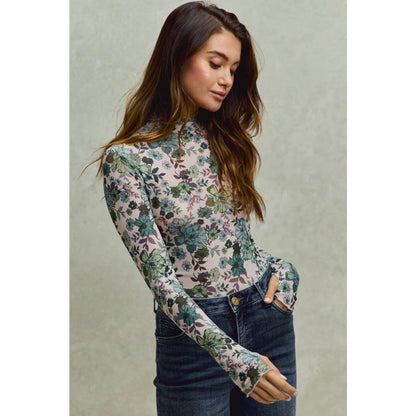 Floral Print Mesh Knit Long Sleeve Top