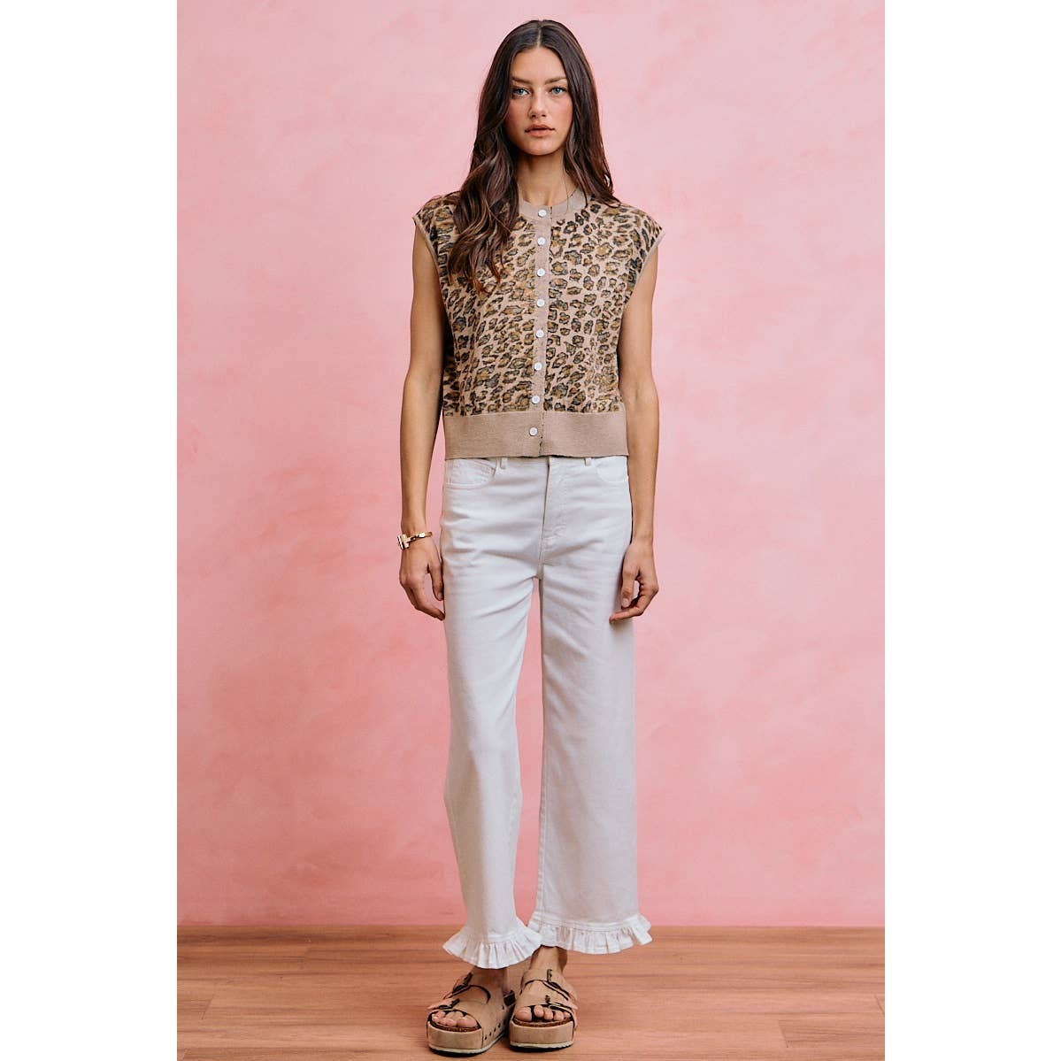 RUFFLED BOTTOM DETAIL MID RISE DENIM JEANS PANTS