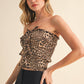 LEOPARD DENIM FRONT BOW SMOCKED STRAPLESS TOP