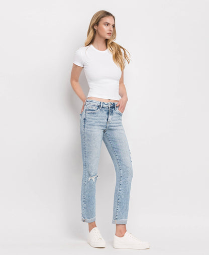 TUMMY CONTROL HIGH RISE CUFF SLIM STRAIGHT JEANS - Southern Sassy Boutique
