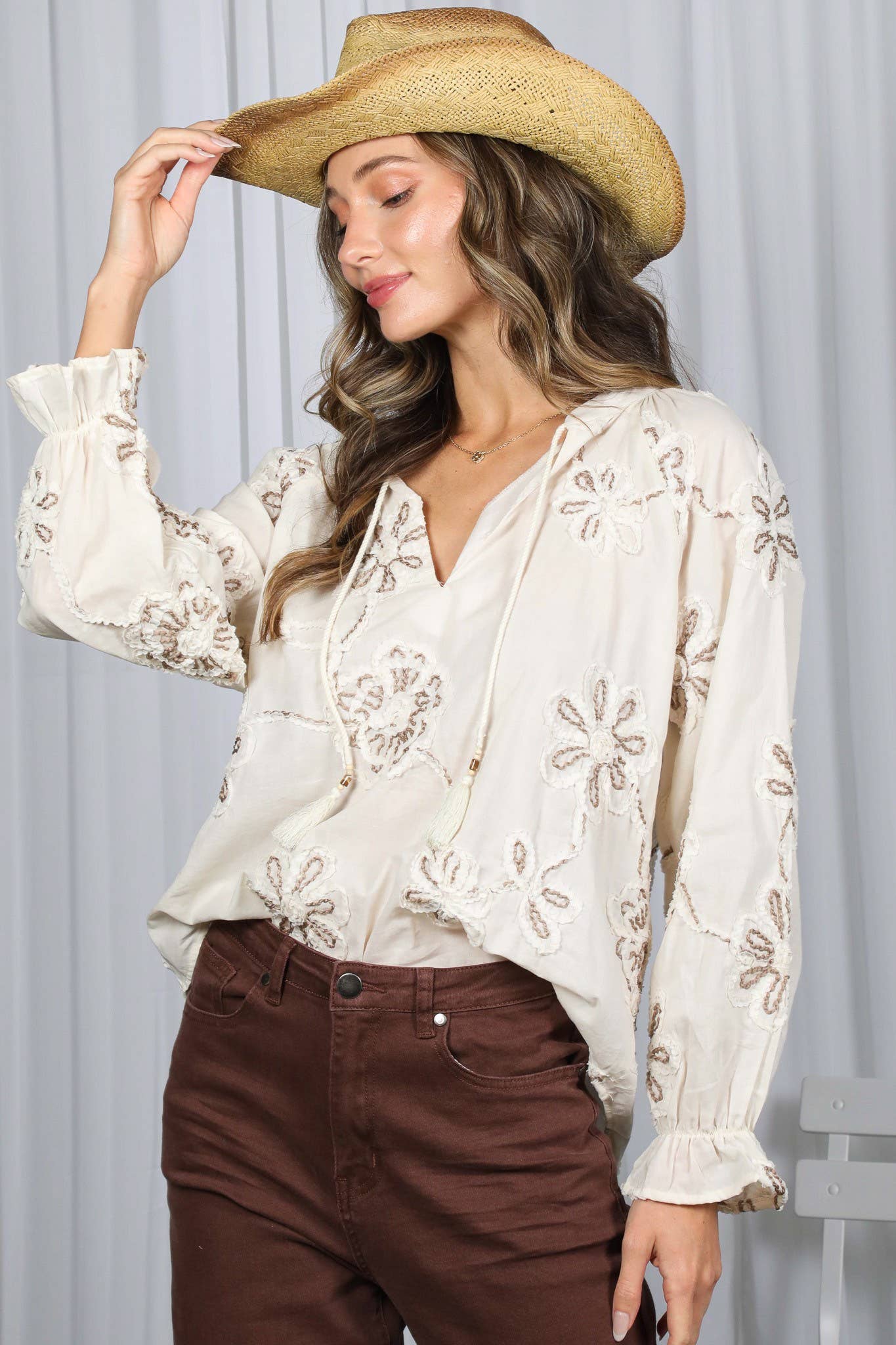 Floral Embroidered 100% Cotton Elegant Blouse VT83071 - Southern Sassy Boutique