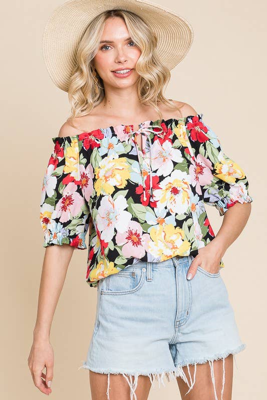 Curvy Of Shoulder Floral Top with Puff Sleeves