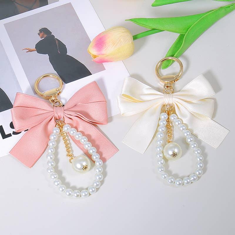 Perfume Bottle Bow Pearl Bag Charm Keychain - Southern Sassy Boutique