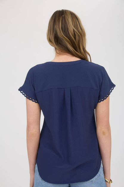 SCALLOP LACE TRIM SHORT SLEEVE HENLEY TOP - Southern Sassy Boutique