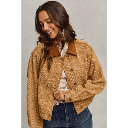 Floral Pattern Twill Corduroy Collar Denim Jacket