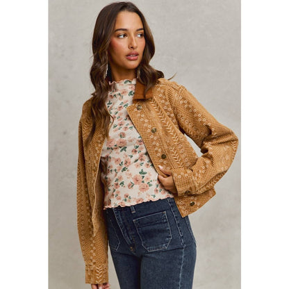 Floral Pattern Twill Corduroy Collar Denim Jacket