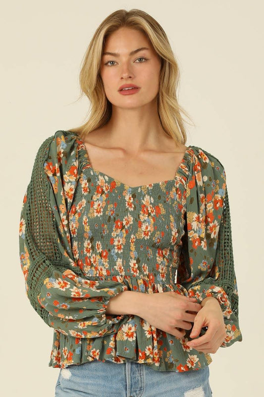 SMOCKED BOICE SWEETHEART NECKLINE CROCHET INSETD - Southern Sassy Boutique