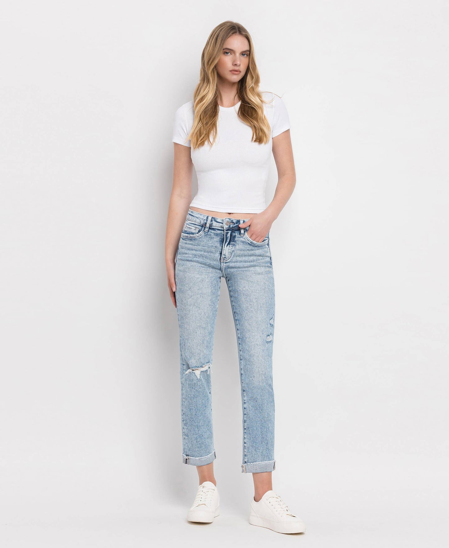 TUMMY CONTROL HIGH RISE CUFF SLIM STRAIGHT JEANS - Southern Sassy Boutique