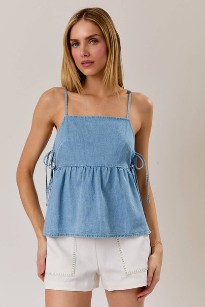 SQUARE NECK SIDE STRAPS LIGHTWEIGHT DENIM TOP