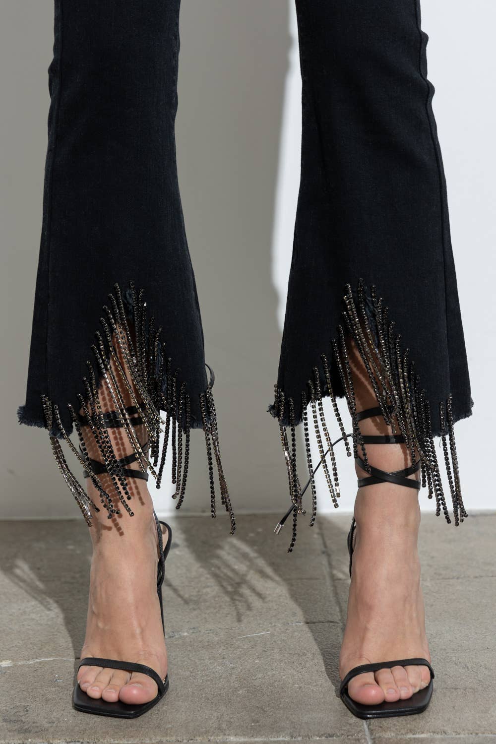 RHINESTONE FRINGE DENIM PANTS