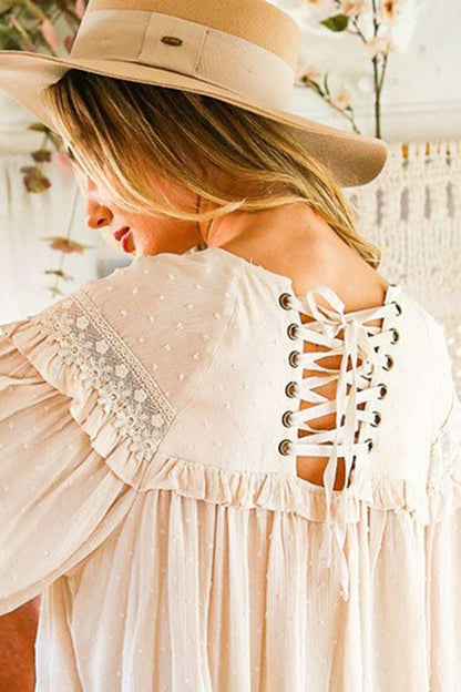 Lace-Up Back Detail Swiss Dot Patterned Blouse - Southern Sassy Boutique
